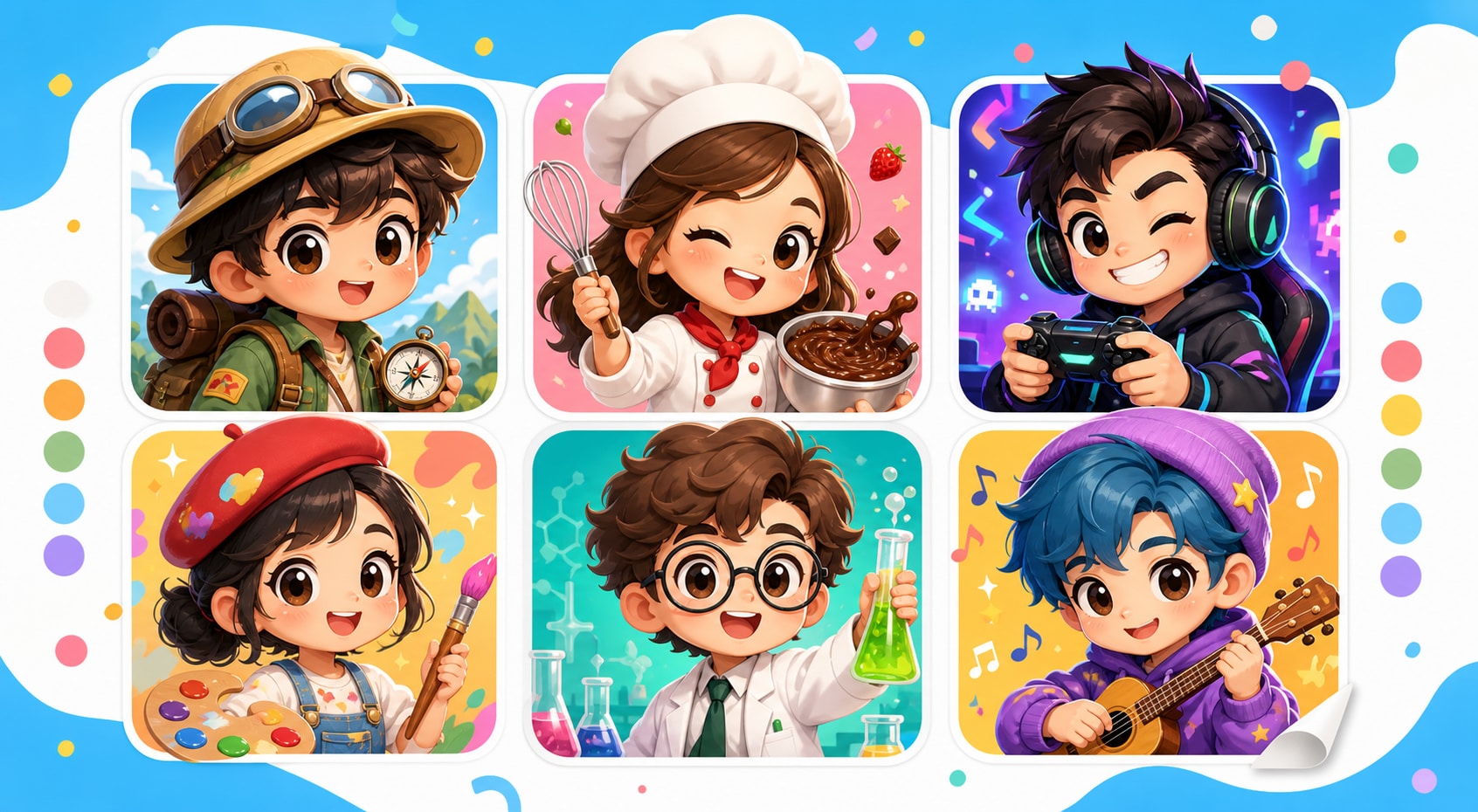 Bright chibi avatar set with six colorful original profile icon characters in a playful grid